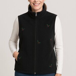 Casual Corner Annex Vest LP Black Fleece Zip Mistletoe Holiday Embroidered 90s